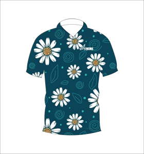 เสื้อโปโลลายดอกเดซี่สีเขียวอมฟ้า ลายดอกไม้สีขาว ลายดอกสีเหลืองตรงกลาง แขนสั้น ลำลองสำหรับฤดูร้อน มุมมองด้านหน้าและด้านหลัง - Product Image 1