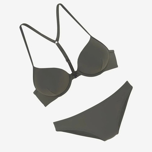 Women's Dark Gray Two Piece <b>Bikini</b> <b>Set</b> Underwire Bra Crossed Halter Top Hipster Bottom Solid Spandex Nylon Swimwear - Product Image 5