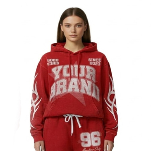 Ensemble de sweats à capuche surdimensionnés en coton 100% avec logo personnalisé brodé, couleur rouge, coupe évasée, unisexe, vente en gros - Product Image 5