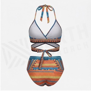 Ensemble bikini 2 pièces pour femme à imprimé géométrique, haut croisé à nouer et bas taille haute extensible avec détail cordon de serrage - Product Image 2