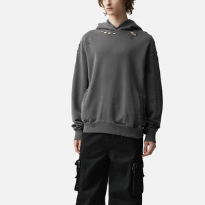 <b>Men's</b> <b>Black</b> Oversized Hooded Sweatshirt With Distressed Rip Design French Terry Cotton Streetwear Style - Product Image 5