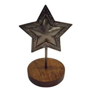Antique Finished Engraved Design Border Metal <b>Star</b> Stand With Wooden Base For Christmas Home Table Top Decor - Product Image 1