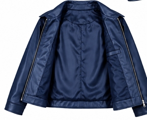 Chaqueta de Cuero Sintético Azul Marino para Mujer, Cuello Camisero, Cierre de Cremallera, Manga Larga, Estilo Motero - Product Image 5