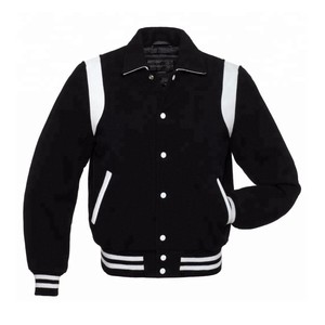 Veste varsity en laine mélangée noire pour homme avec rayures blanches, col rabattu, vêtement décontracté pour l'automne - Product Image 1
