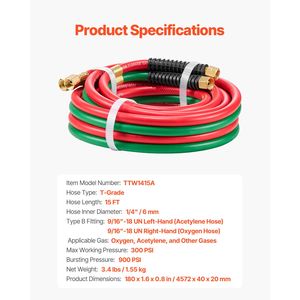 Tubo per ossigeno e acetilene da 1/4 di pollice x 15 piedi con raccordo 9/16'' 18 B, torcia per saldatura e taglio di grado T, doppio tubo 300 PSI per saldatura e brasatura - Product Image 3