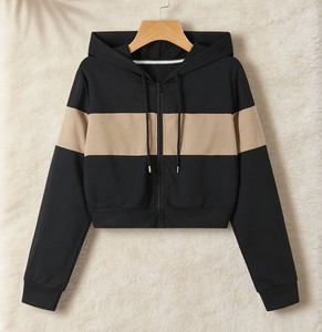 Women's Slim Fit <b>Cropped</b> Hoodie Color Block Long Sleeve <b>Zip</b>-<b>Up</b> Breathable Quick Dry Winter Casual Fleece Custom Logo Activewear - Product Image 1