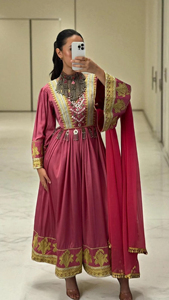 Afghan Woman Wearing Elegant Traditional Dress Shiny Royal Long Sleeves Neckline Featuring Hand Afghan Kuchi Dresses Women's - Product Image 6