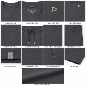 Ensemble de blouses médicales unisexe gris foncé à col en V avec poches et pantalon à cordon de serrage – Collection 2026 – Vente Flash – Uniformes d'hôpital - Product Image 6