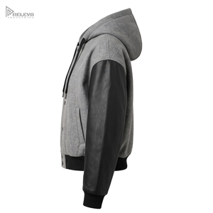 Chaqueta Varsity Personalizada con Capucha, Unisex, Gris Lana, Mangas de Cuero Negro, Botones a Presión, Chaqueta Bomber con Cordones, Personalización OEM/ODM - Product Image 3