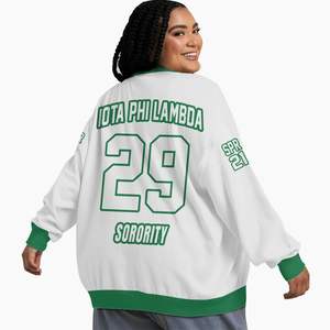 Cardigan tricoté personnalisé pour femmes Iota Phi Lambda, blanc et vert émeraude, avec lettres, blason, numéro et année, boutonné sur le devant - Product Image 2