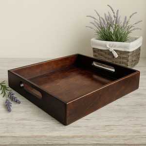 Plateau décoratif rectangulaire en bois avec poignées, style rustique, thème floral, plateau de service artisanal en bois massif - Product Image 1