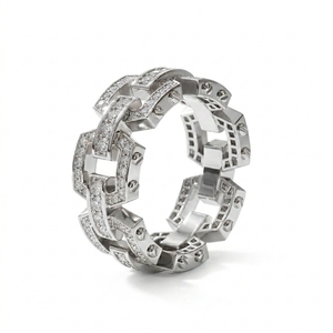 Bague de fiançailles pour homme RAAMAA en or blanc, plaqué rhodium, style hip-hop urbain, avec maillons mécaniques et diamants de laboratoire, best-seller - Product Image 1