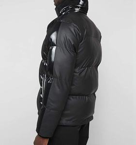 Hooded Puffer <b>Jacket</b> Black PU <b>Waterproof</b> Winter Coat Unisex Casual Zipper Closure <b>Thin</b> Insulated Stand Collar Front Outerwear - Product Image 2
