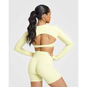Women's Adults Light <b>Yellow</b> Seamless <b>Crop</b> <b>Top</b> Breathable Eco-Friendly Four-Way Stretch Spandex/Polyester Activewear for All - Product Image 2