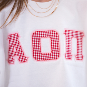 Sweat-shirt blanc surdimensionné en mélange de coton écologique pour femme, broderie Alpha Omicron Pi, épaules tombantes, col rond, manches longues - Product Image 5