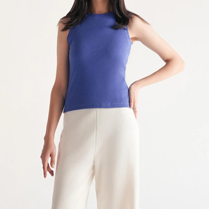 Women's Blue Ribbed Sleeveless Tank <b>Top</b> with Ribbons Hip Hop Style Breathable 100% Cotton Knitted Fabric Short Length - Product Image 2