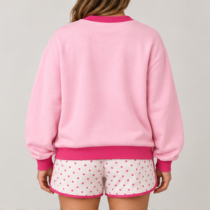 Conjunto Deportivo Casual Personalizado de 2 Piezas para Mujer, Color Rosa Claro, Cuello Redondo con Puntos Invertidos, Pantalones Cortos - Product Image 2
