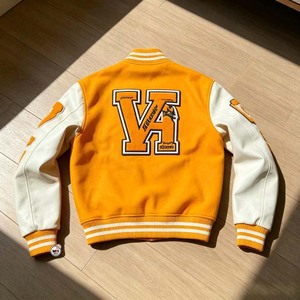 Varsity <b>Jacket</b> <b>Mens</b> Orange <b>White</b> Sleeve Embroidered Letter V Front Button Closure Preppy Style Baseball Softball Varsity <b>Jackets</b> - Product Image 2