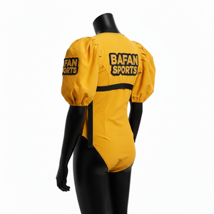 Traje de Baño Premium para Mujer en Nailon y Spandex GSM, Amarillo con Paneles en Contraste Negro, Parche Bordado, Logotipo Personalizado - Product Image 5