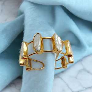 Gold Baroque Pearl Cuff <b>Bracelet</b> Handmade Brass Bangle <b>Boho</b> Jewelry Bangle Handmade Floral Design Fashion Cuff <b>Bracelets</b> - Product Image 4