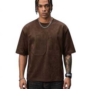 เสื้อยืดคอกลมแขนสั้นโอเวอร์ไซส์สีน้ำตาลสำหรับผู้ชาย ผ้าเทอร์รี่คอตตอน สไตล์ลำลอง สีพื้น สตรีทแวร์ พิมพ์ลายนูน เสื้อฤดูร้อน - Product Image 2