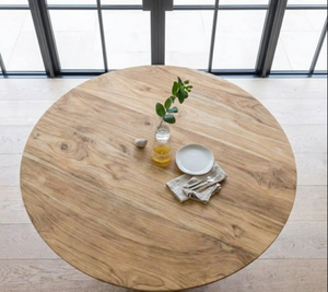 Table à manger ronde en bois de manguier, style farmhouse moderne, écologique, avec pieds en métal, bois massif naturel, fabrication artisanale - Product Image 2