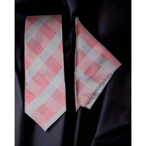 Cravate Premium Benon Microsilk Diagonal Plaid Tie Set Cravates Soie Rose Gris & Argent - Product Image 3