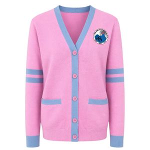 Women Pink Blue V Neck Knit <b>Cardigan</b> Long Sleeve Button Front Contrast Stripe Sweater <b>with</b> <b>Pockets</b> Casual Soft Everyday Fashion - Product Image 1