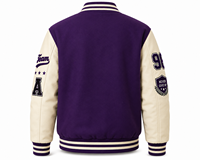 Jaket Varsity Ungu Unisex Kancing Depan dengan Patch Huruf C Bordir Gaya Streetwear Regular Fit Kerah V-neck Pakaian Musim Dingin
