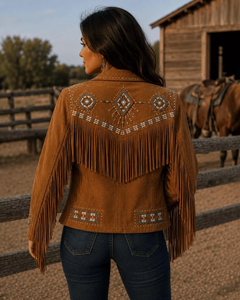 Chaleco de Motocicleta de Cuero Genuino Marrón para Mujer, Bordado Geométrico con Cuentas, Estilo Bohemio Occidental, Cuello en V, Prenda Exterior de Algodón - Product Image 5