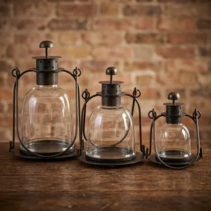 โคมไฟแก้ววินเทจพร้อมโครงโลหะทรงกระบอก ของตกแต่งบ้าน ที่ใส่เทียนเปล่า - Product Image 5