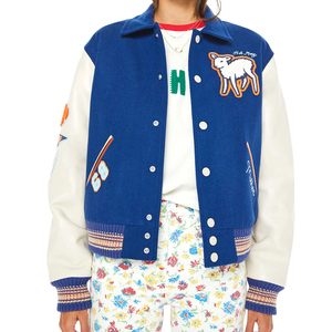Newest Trendy Blue Varsity <b>Jacket</b> With <b>White</b> Sheep Embroidery Patchwork Sleeve Full Length Autumn Wear Turn Down Collar - Product Image 1
