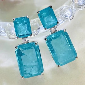 925 Moissanite Rare Synthetic Paraiba Tourmaline Women's <b>Stud</b> <b>Earrings</b> Sterling Silver Gold Plated <b>Emerald</b> Cut 7.0 Carat*2p - Product Image 3