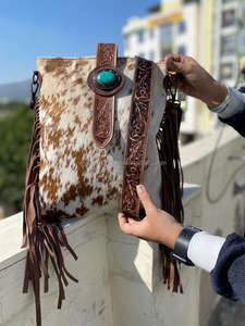 Bolso con flecos de piel de vaca para mujer, bolso de cuero tallado, estilo bohemio, bolso de piel de vaca para Vaca y Niña - Product Image 2