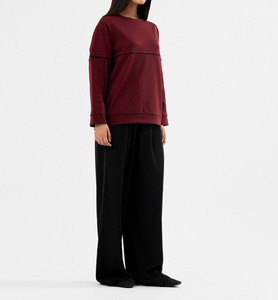Sweat-shirt à col rond ample et tendance pour femme, couleur bordeaux, à manches longues avec passepoil contrastant, idéal pour l'automne – Prix bas - Product Image 4