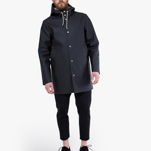 <b>Men's</b> Long Waterproof Hooded Raincoat <b>Black</b> Button Front Solid Color Outdoor Wear Regular Fit Polyester Shell <b>Jacket</b> - Product Image 4