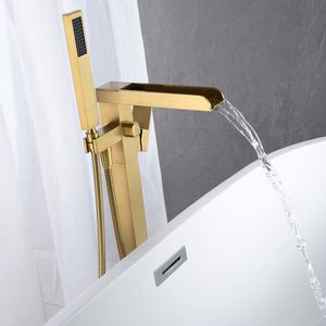 Rubinetto a cascata autoportante per vasca da bagno, montaggio a pavimento, oro spazzolato, con doccetta - Product Image 3