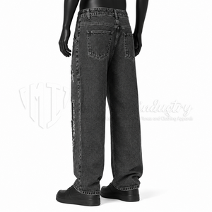 Jeans amples pour hommes, écologiques, respirants, noirs délavés, taille mi-haute, avec surpiqûres contrastées, style streetwear, vente en gros - Product Image 4