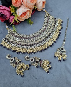 Heavy Ethnic CZ Studded Bridal Choker <b>Set</b> With Pearl Drop Accents Matching Earrings & Mangtika Antique Gold Plated <b>Jewellery</b> <b>Set</b> - Product Image 1