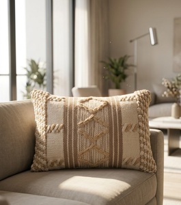 Housse de coussin carrée personnalisable en coton, motif géométrique abstrait indien fait main, blanc et bleu, style bohème, anti-acariens, avec fermeture éclair, pour la maison - Product Image 2