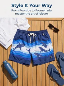 Short de plage pour hommes avec imprimé requin baleine bleue, taille à cordon de serrage et poches latérales, maillot de bain à séchage rapide - Product Image 6