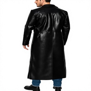 <b>Men</b> Genuine Leather <b>Long</b> Trench <b>Coat</b> Double Breasted Notched Lapel Overcoat With Pockets Regular Fit - Product Image 6