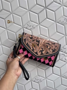 Nuevo Estuche para Teléfono Tipo Clutch de Cuero Estilo Occidental, Hecho a Mano, con Diseño a Cuadros Rosa, Cartera Vintage de Cuero Genuino para Mujer - Product Image 1