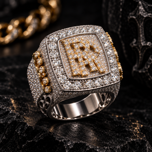 Bague Initiale R en Moissanite Ronde VVS Certifiée GRA, Sertie de Pierres, en Argent Sterling 925 Bicolore avec Cadre Carré, Style Hip Hop, Bijoux pour Hommes - Product Image 1