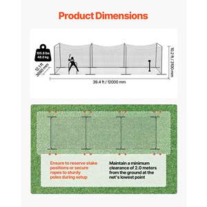 Cage de frappe de baseball portable autoportante 39,4 x 12,1 x 10,2 pieds, cordes longues en HDPE nouées 45 plis, équipement d'entraînement intérieur, modèle - Product Image 2