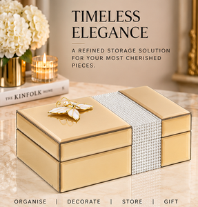 Caja de Almacenamiento de Joyas de Vidrio Dorado Cálido con Banda de Cristal y Acento de Mariposa, Acabado Brillante, Forro Suave, Organizador Decorativo - Product Image 6