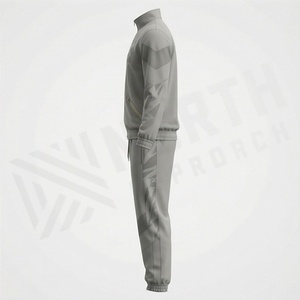 Survêtement gris pour homme, fermeture éclair intégrale, col montant, couleur unie, vêtements de sport décontractés avec poches latérales, matière polyester respirante - Product Image 3