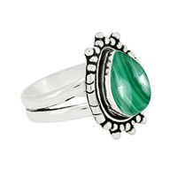 Bague en argent sterling 925 avec pierre précieuse en malachite en forme de poire, sertie clos, oxydée, style antique vintage, bijou statement occidental