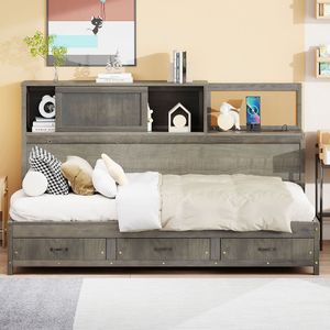 Divano letto singolo in legno grigio con 3 cassetti contenitore, ripiano superiore morbido e set di prese e porte USB - Product Image 2