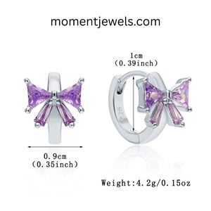 Boucles d'oreilles clous géométriques en argent sterling 925 plaqué platine avec zircon violet taille princesse et nœud, pour femme, cadeau, fête - Product Image 1